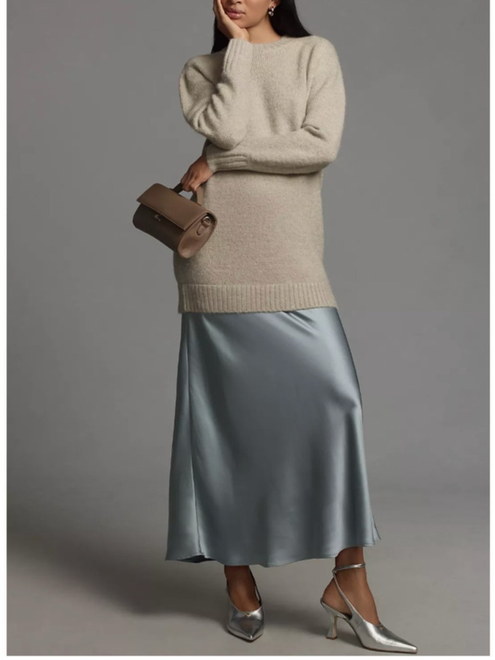 Anthropologie Long Sleeve Twofer Sweater Slip Midi Dress Size MP Mixed Media